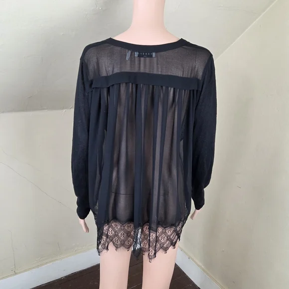 Sandro Paris Black Sheer Lace Hem Blouse Size 1 US S Linen Blend Long Sleeve - Picture 4 of 15